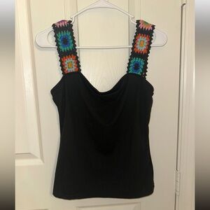 SHEIN Black Tank Top with Colorful Crochet Straps